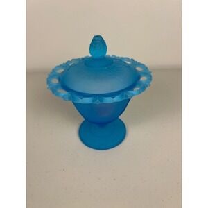 Vintage Blue Satin Frosted Indiana Glass Candy Dish Grape Lace Edge Pedestal
